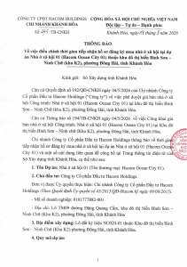 THÔNG BÁO: Về việc điều chỉnh thời gian tiếp nhận hồ sơ đăng ký mua nhà ở xã hội tại dự án Nhà ở xã hội 01 (Hacom Ocean City 01) thuộc khu đô thị biển Bình Sơn – Ninh Chữ (khu K2), phường Đông Hải, tỉnh Khánh Hòa.
