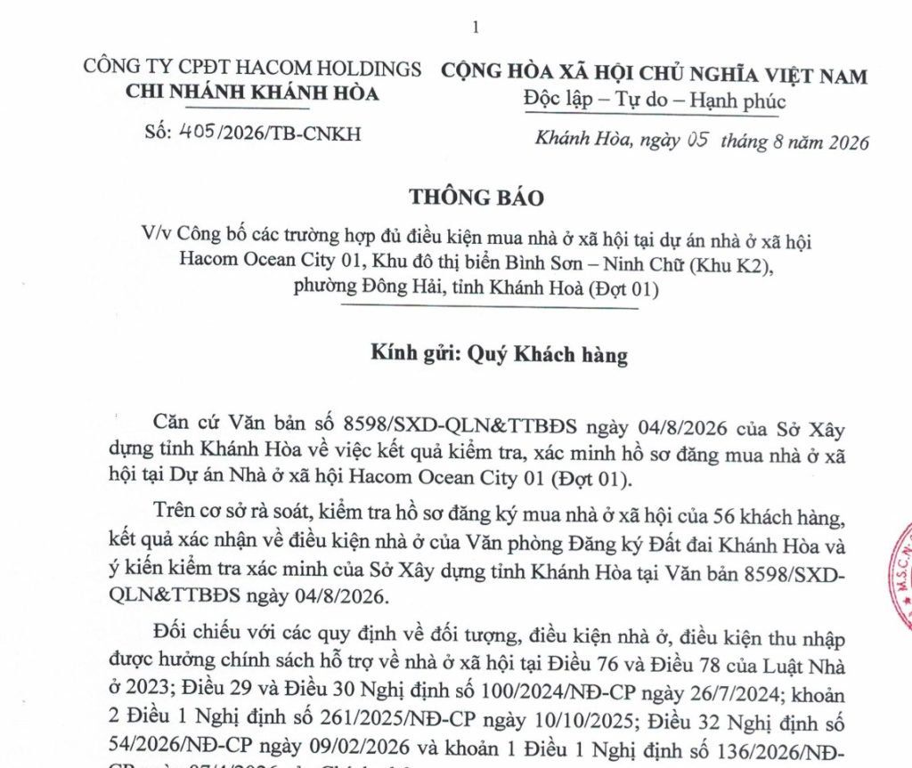 THÔNG BÁO: V/v Công bố các trường hợp đủ điều kiện mua nhà ở xã hội tại dự án nhà ở xã hội Hacom Ocean City 01, Khu đô thị biển Bình Sơn – Ninh Chữ (Khu K2), phường Đông Hải, tỉnh Khánh Hòa (Đợt 01)
