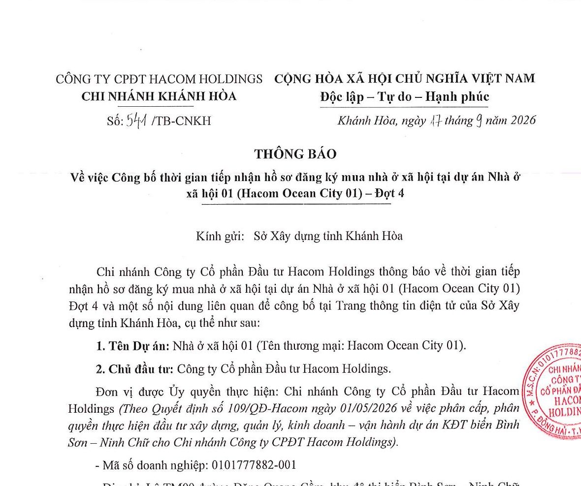 THÔNG BÁO: Về việc Công bố thời gian tiếp nhận hồ sơ đăng ký mua nhà ở xã hội tại dự án Nhà ở xã hội 01 (Hacom Ocean City 01) – Đợt 4
