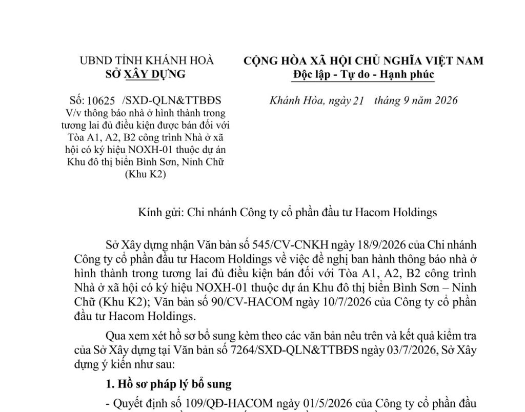 V/v thông báo nhà ở hình thành trong tương lai đủ điều kiện được bán đối với Tòa A1, A2, B2 công trình Nhà ở xã hội có ký hiệu NOXH-01 thuộc dự án Khu đô thị biển Bình Sơn, Ninh Chữ (Khu K2)
