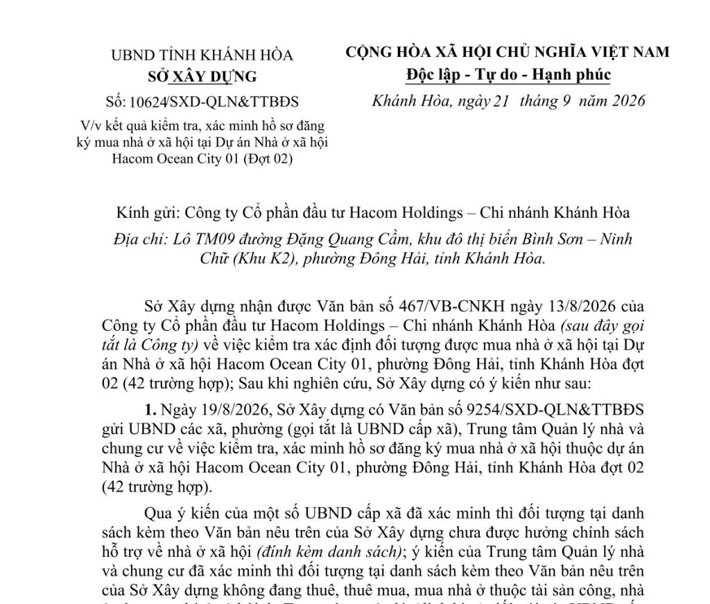 V/v kết quả kiểm tra, xác minh hồ sơ đăng ký mua nhà ở xã hội tại Dự án Nhà ở xã hội Hacom Ocean City 01 (Đợt 02)