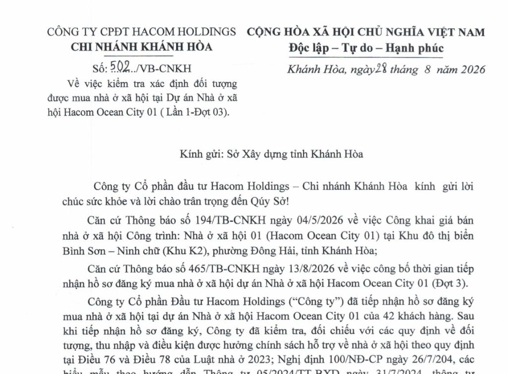 THÔNG BÁO: Về việc kiểm tra xác định đối tượng được mua nhà ở xã hội tại Dự án Nhà ở xã hội Hacom Ocean City 01 (Lần 1-Đợt 03).