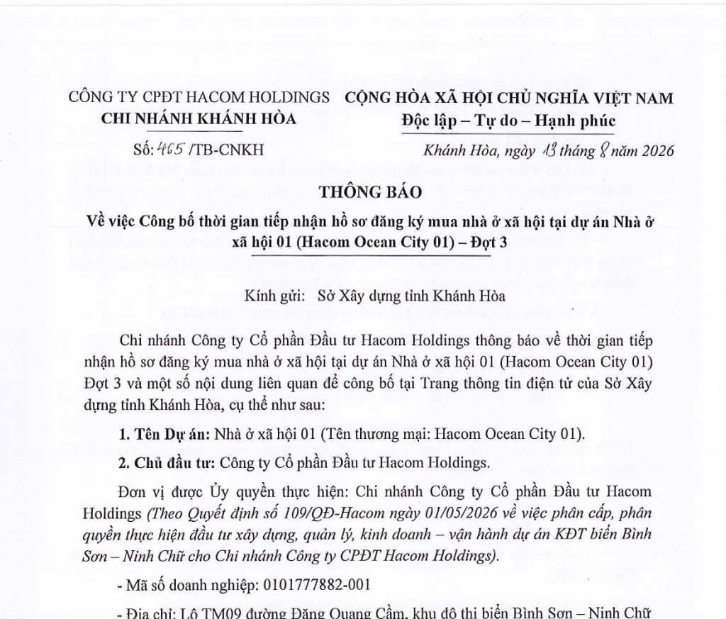THÔNG BÁO: Về việc Công bố thời gian tiếp nhận hồ sơ đăng ký mua nhà ở xã hội tại dự án Nhà ở xã hội 01 (Hacom Ocean City 01) – Đợt 3