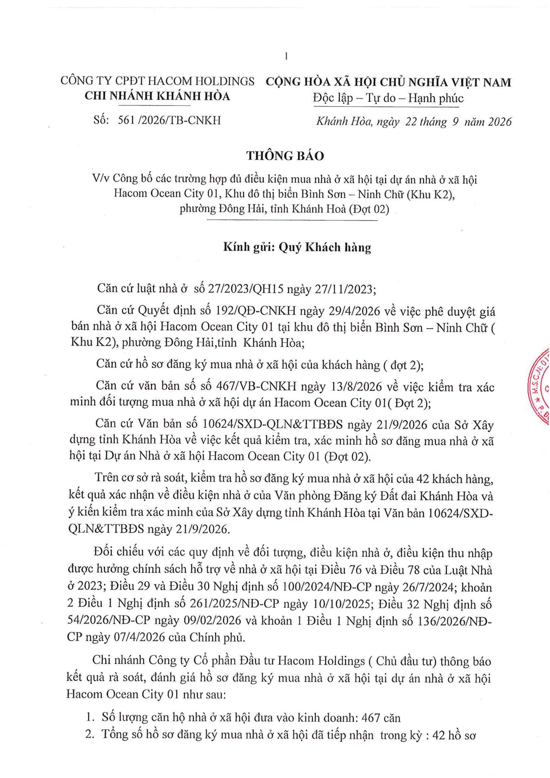 Công bố các trường hợp đủ điều kiện mua nhà ở xã hội tại dự án nhà ở xã hội Hacom Ocean City 01, Khu đô thị biển Bình Sơn – Ninh Chữ (Khu K2), phường Đông Hải, tỉnh Khánh Hoà (Đợt 02)
