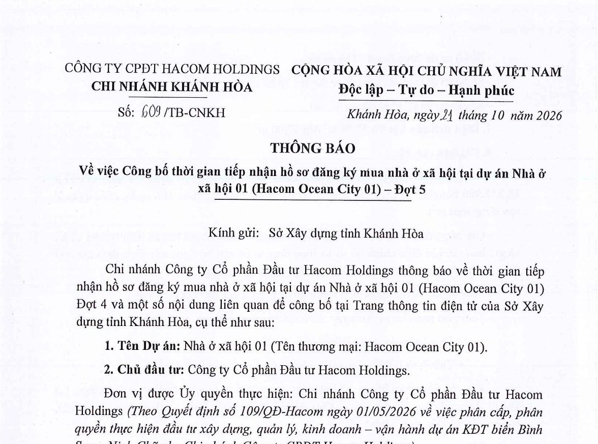 THÔNG BÁO: Về việc Công bố thời gian tiếp nhận hồ sơ đăng ký mua nhà ở xã hội tại dự án Nhà ở xã hội 01 (Hacom Ocean City 01) – Đợt 5